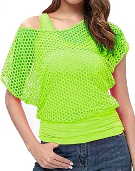 Women's Casual Sexy Off Shoulder T-Shirt, 80s 90s Outfit 80's Costume Fishnet Neon Shirt Short Sleeve