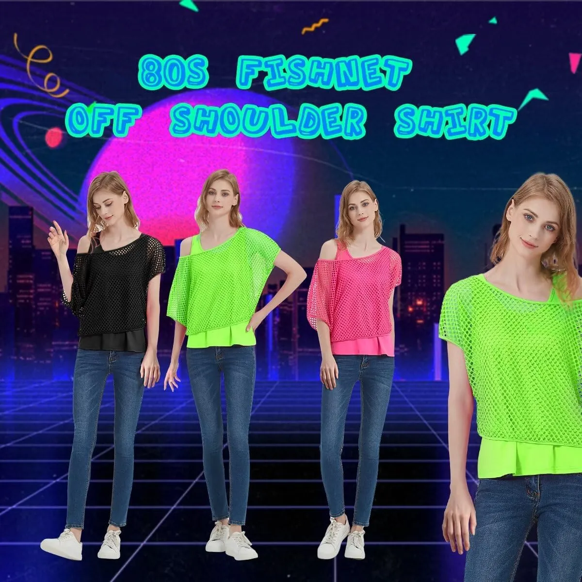 Women's Casual Sexy Off Shoulder T-Shirt, 80s 90s Outfit 80's Costume Fishnet Neon Shirt Short Sleeve
