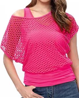 Women's Casual Sexy Off Shoulder T-Shirt, 80s 90s Outfit 80's Costume Fishnet Neon Shirt Short Sleeve