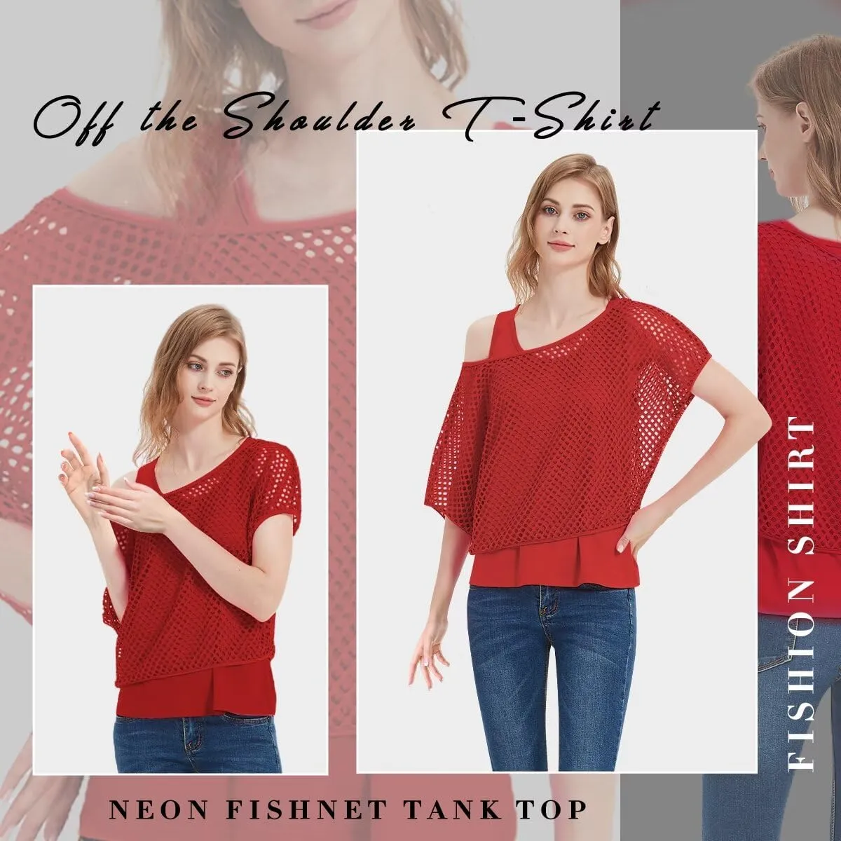 Women's Casual Sexy Off Shoulder T-Shirt, 80s 90s Outfit 80's Costume Fishnet Neon Shirt Short Sleeve