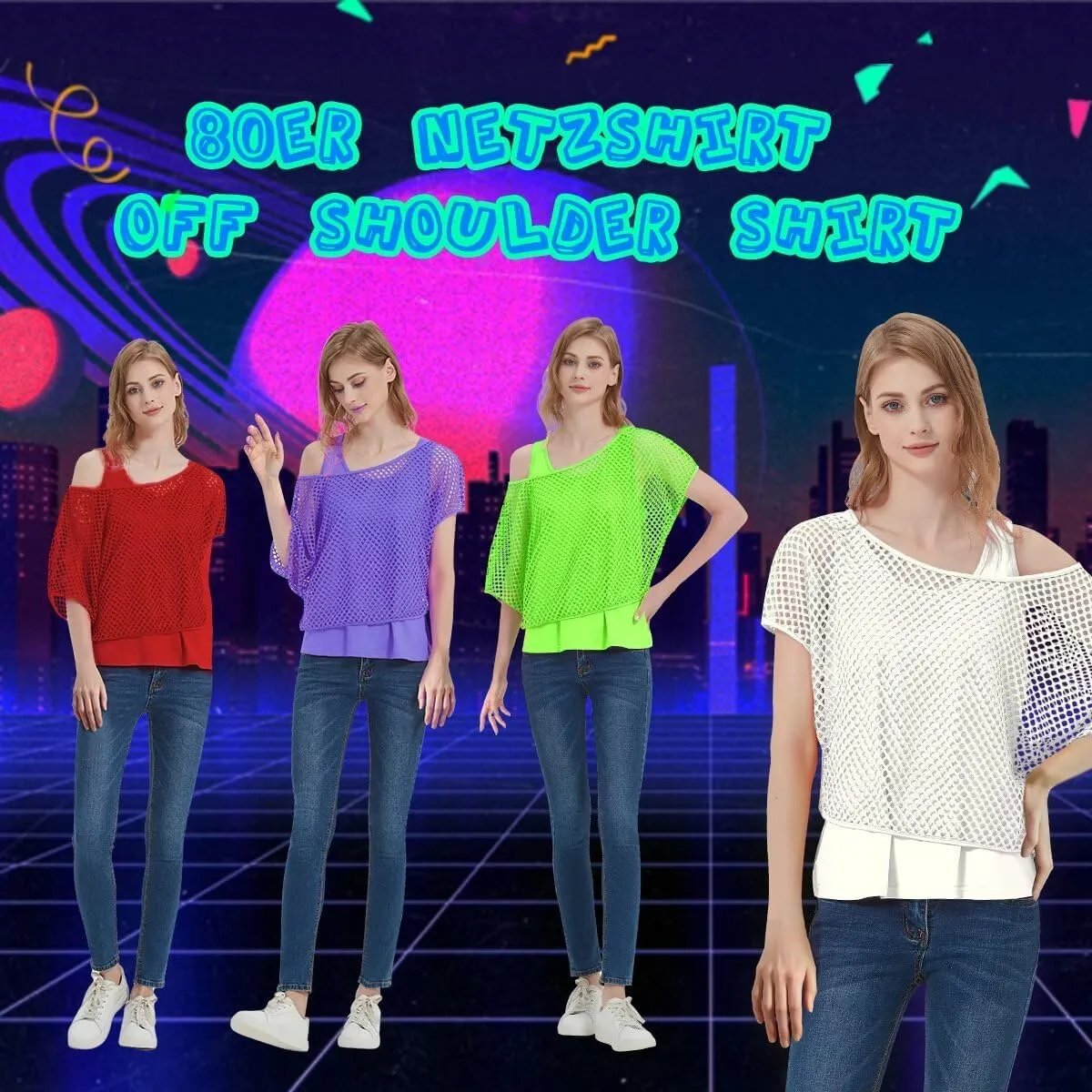 Women's Casual Sexy Off Shoulder T-Shirt, 80s 90s Outfit 80's Costume Fishnet Neon Shirt Short Sleeve