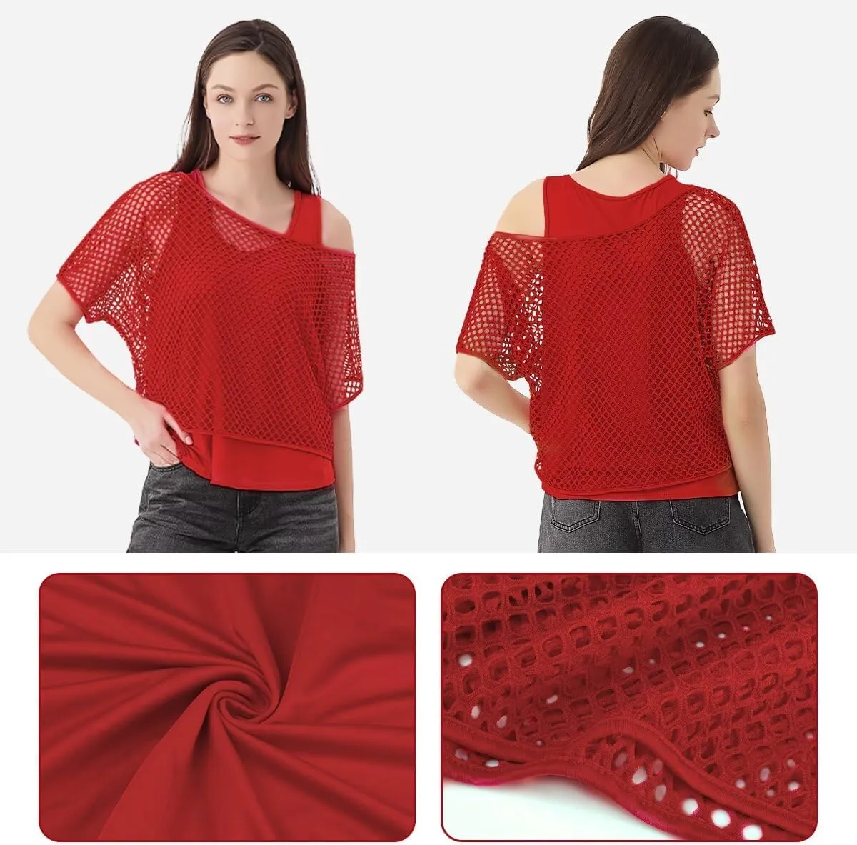 Women's Casual Sexy Off Shoulder T-Shirt, 80s 90s Outfit 80's Costume Fishnet Neon Shirt Short Sleeve