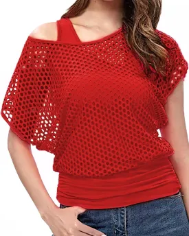 Women's Casual Sexy Off Shoulder T-Shirt, 80s 90s Outfit 80's Costume Fishnet Neon Shirt Short Sleeve
