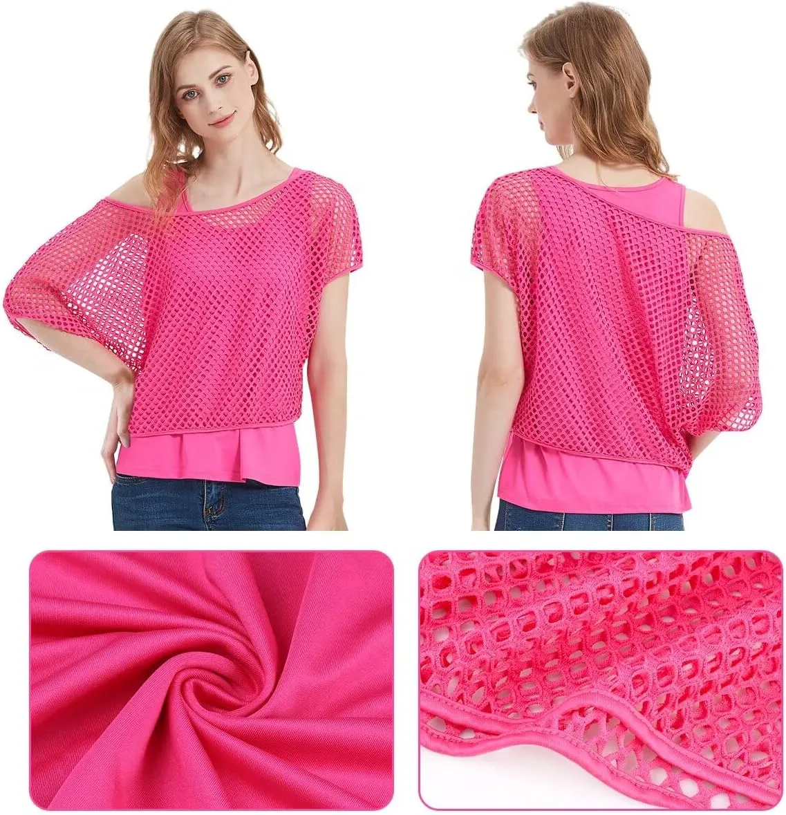 Women's Casual Sexy Off Shoulder T-Shirt, 80s 90s Outfit 80's Costume Fishnet Neon Shirt Short Sleeve