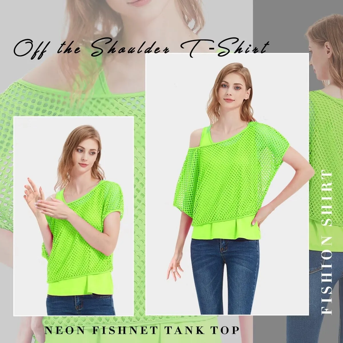 Women's Casual Sexy Off Shoulder T-Shirt, 80s 90s Outfit 80's Costume Fishnet Neon Shirt Short Sleeve