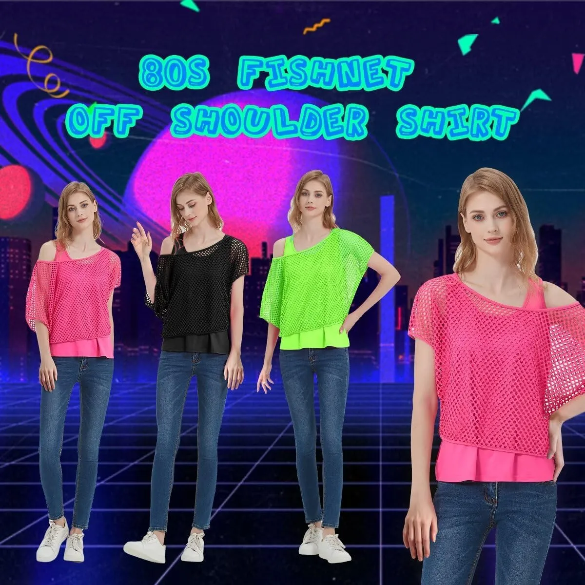 Women's Casual Sexy Off Shoulder T-Shirt, 80s 90s Outfit 80's Costume Fishnet Neon Shirt Short Sleeve