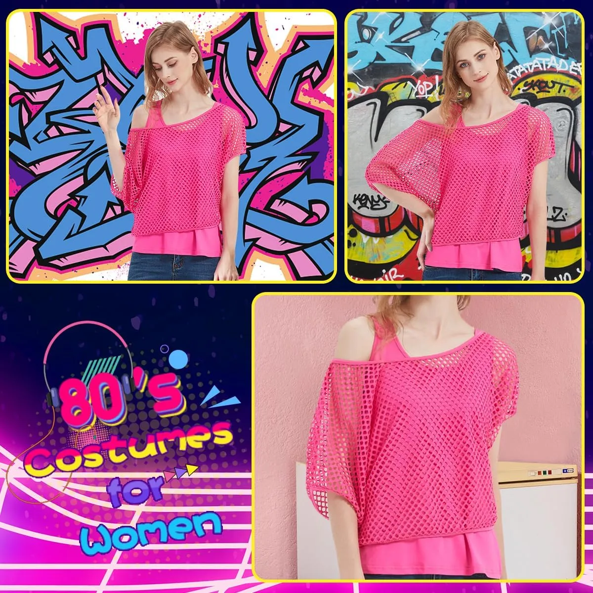 Women's Casual Sexy Off Shoulder T-Shirt, 80s 90s Outfit 80's Costume Fishnet Neon Shirt Short Sleeve