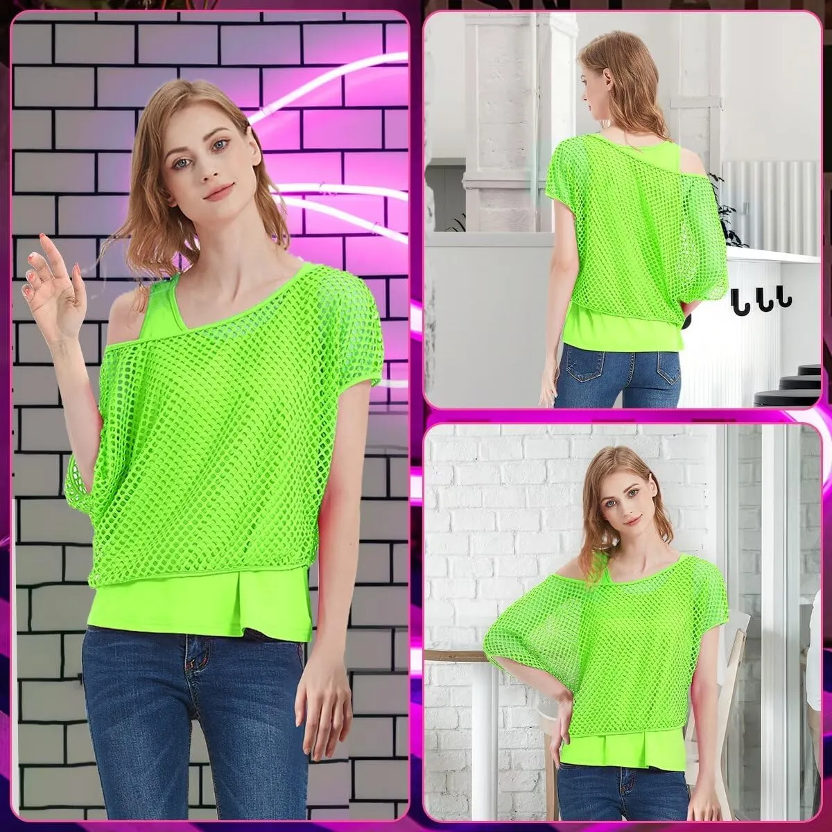 Women's Casual Sexy Off Shoulder T-Shirt, 80s 90s Outfit 80's Costume Fishnet Neon Shirt Short Sleeve