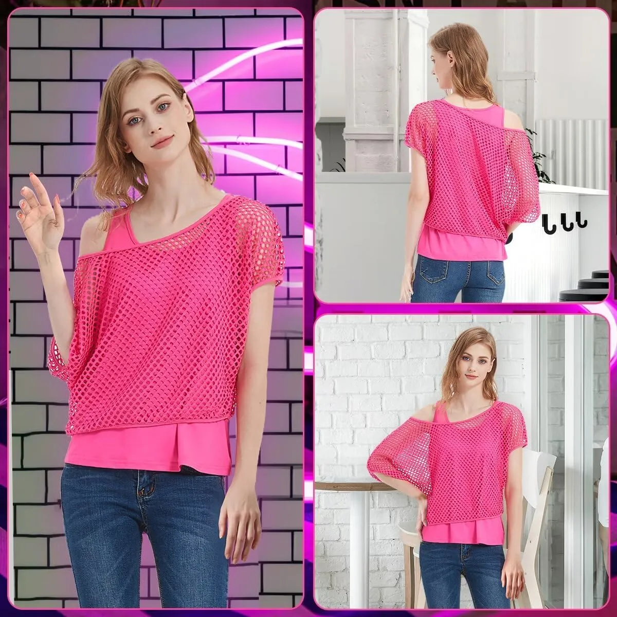Women's Casual Sexy Off Shoulder T-Shirt, 80s 90s Outfit 80's Costume Fishnet Neon Shirt Short Sleeve