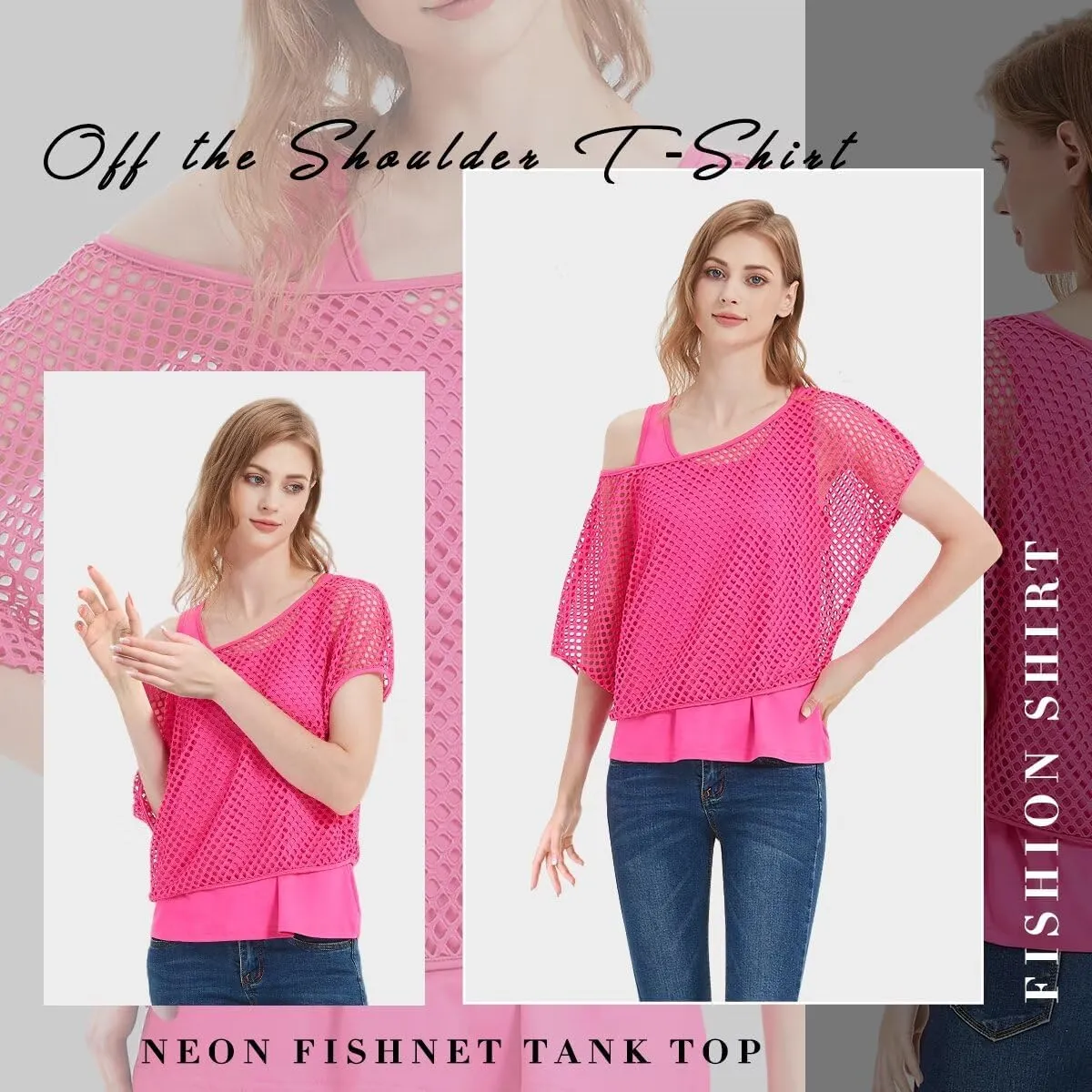 Women's Casual Sexy Off Shoulder T-Shirt, 80s 90s Outfit 80's Costume Fishnet Neon Shirt Short Sleeve