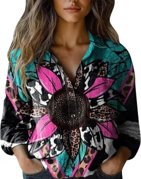 Womens Ethnic Shirts Floral Print Button Down Shirt Lightweight Fashion Linen Long Sleeve Blouse Boho Shirts Casual Tops