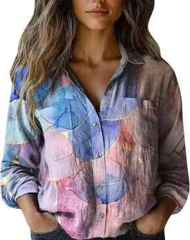 Womens Ethnic Shirts Floral Print Button Down Shirt Lightweight Fashion Linen Long Sleeve Blouse Boho Shirts Casual Tops