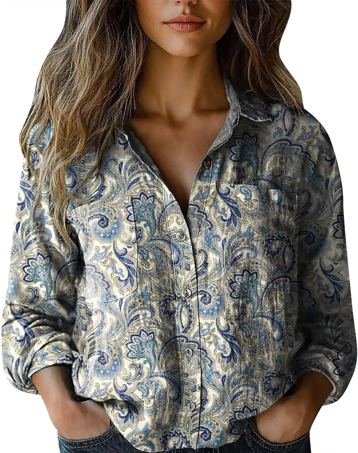 Womens Ethnic Shirts Floral Print Button Down Shirt Lightweight Fashion Linen Long Sleeve Blouse Boho Shirts Casual Tops