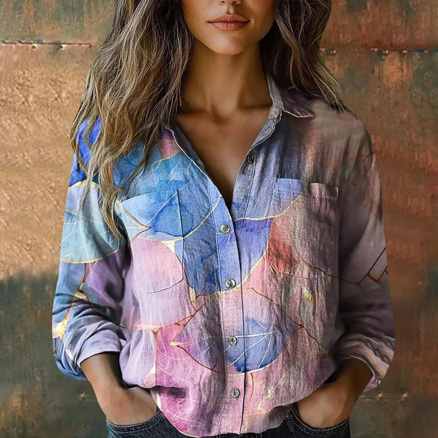 Womens Ethnic Shirts Floral Print Button Down Shirt Lightweight Fashion Linen Long Sleeve Blouse Boho Shirts Casual Tops