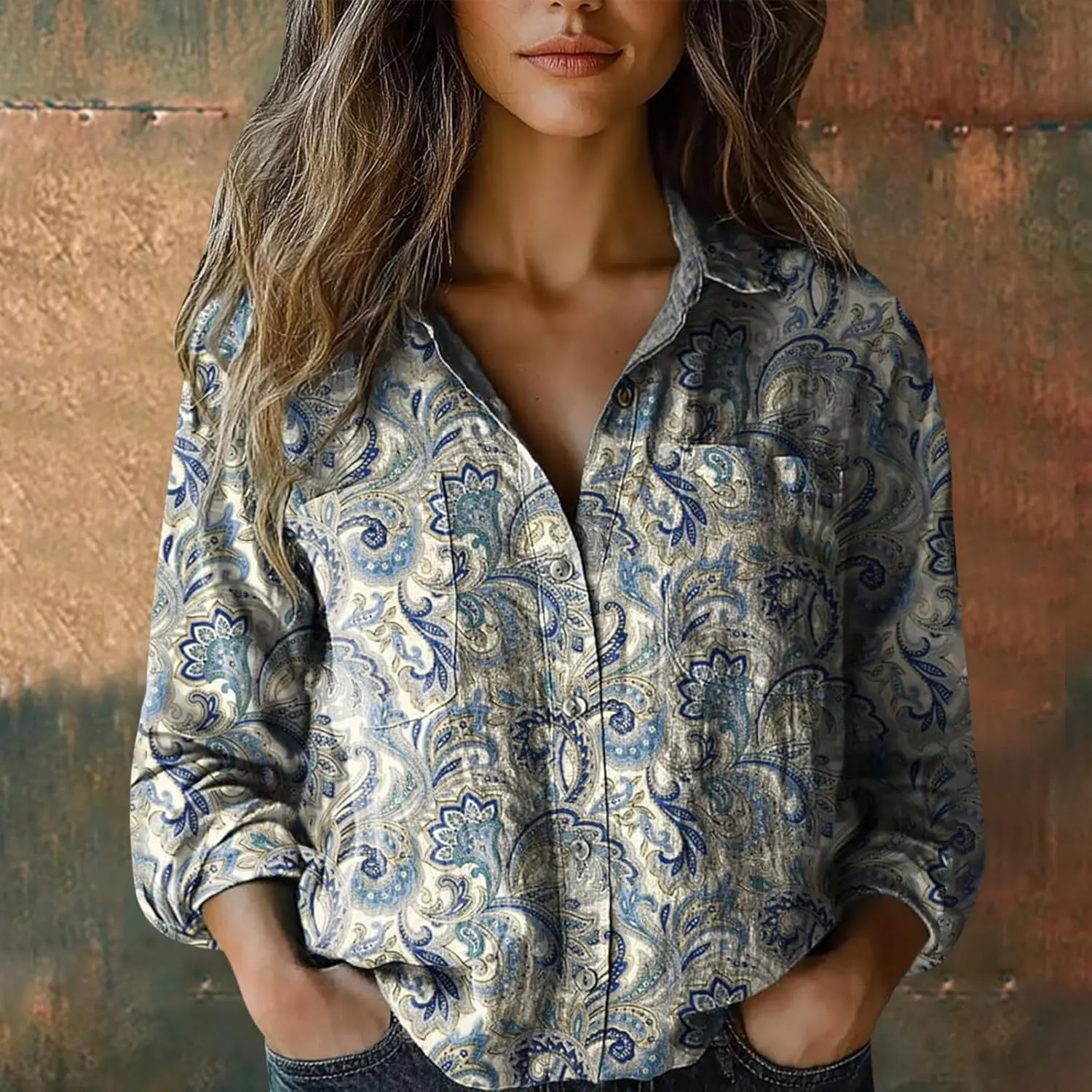 Womens Ethnic Shirts Floral Print Button Down Shirt Lightweight Fashion Linen Long Sleeve Blouse Boho Shirts Casual Tops