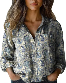 Womens Ethnic Shirts Floral Print Button Down Shirt Lightweight Fashion Linen Long Sleeve Blouse Boho Shirts Casual Tops