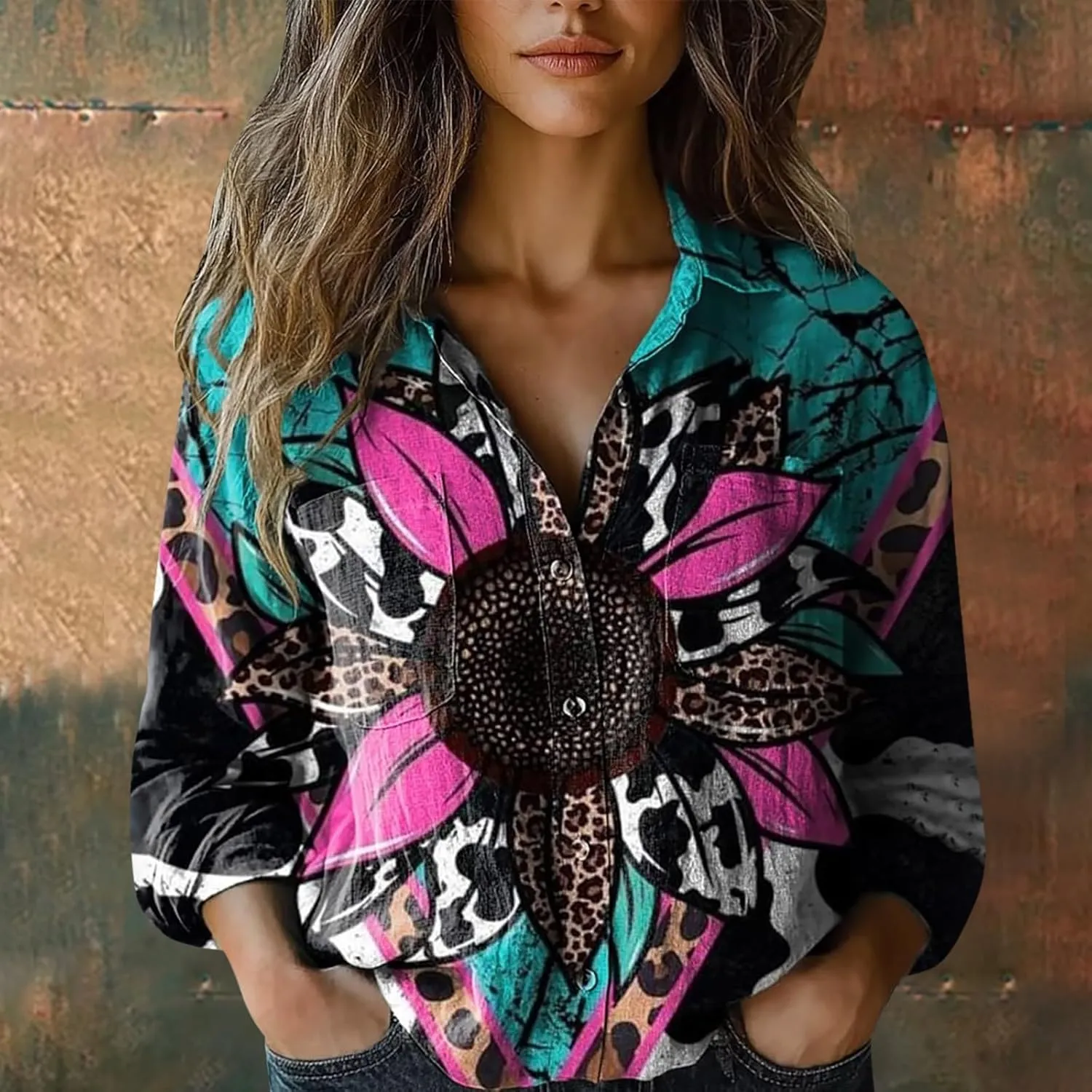 Womens Ethnic Shirts Floral Print Button Down Shirt Lightweight Fashion Linen Long Sleeve Blouse Boho Shirts Casual Tops