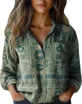 Womens Ethnic Shirts Floral Print Button Down Shirt Lightweight Fashion Linen Long Sleeve Blouse Boho Shirts Casual Tops