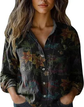 Womens Ethnic Shirts Floral Print Button Down Shirt Lightweight Fashion Linen Long Sleeve Blouse Boho Shirts Casual Tops