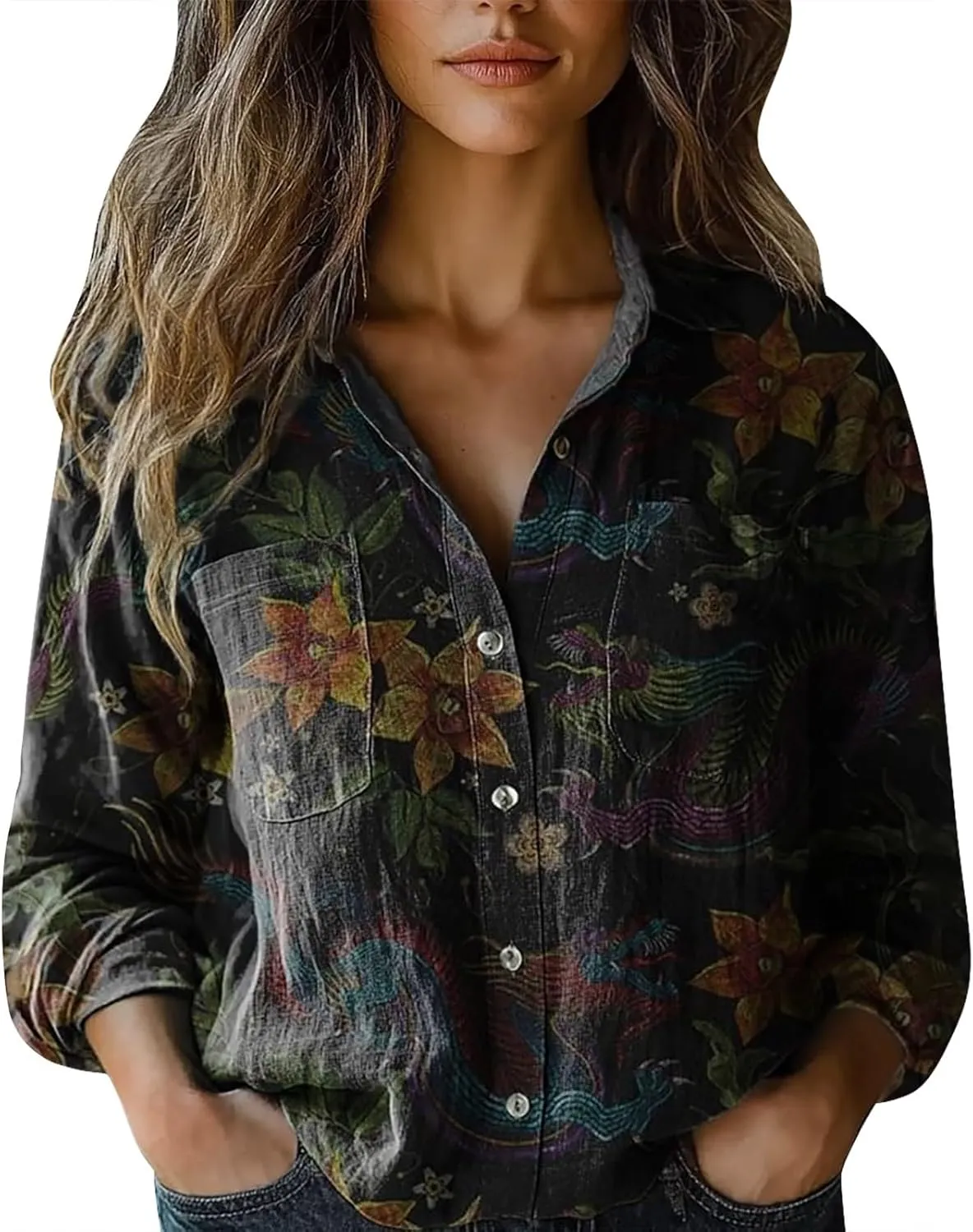 Womens Ethnic Shirts Floral Print Button Down Shirt Lightweight Fashion Linen Long Sleeve Blouse Boho Shirts Casual Tops