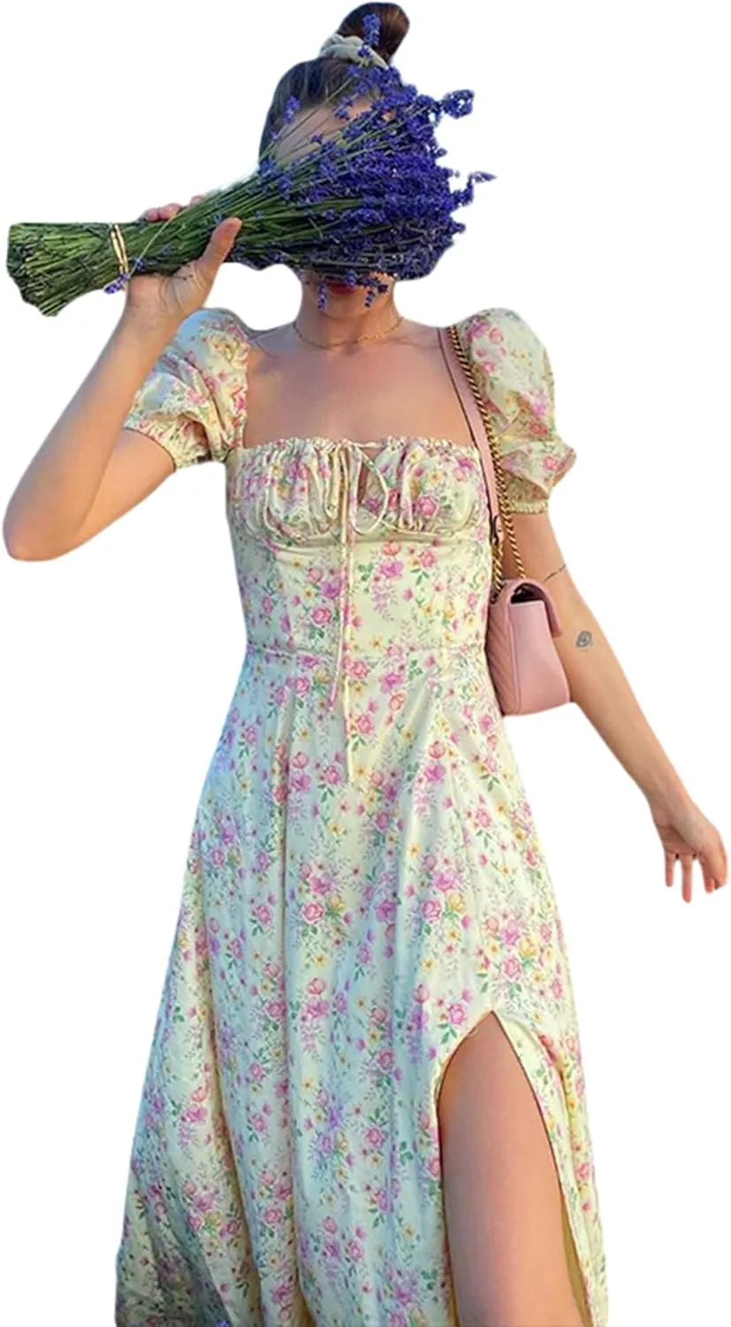 Women's Floral Print Tie Front Dress Square Neck Puff Sleeve Split Thigh Dress Boho Smocked Flowy A Line Long Dress