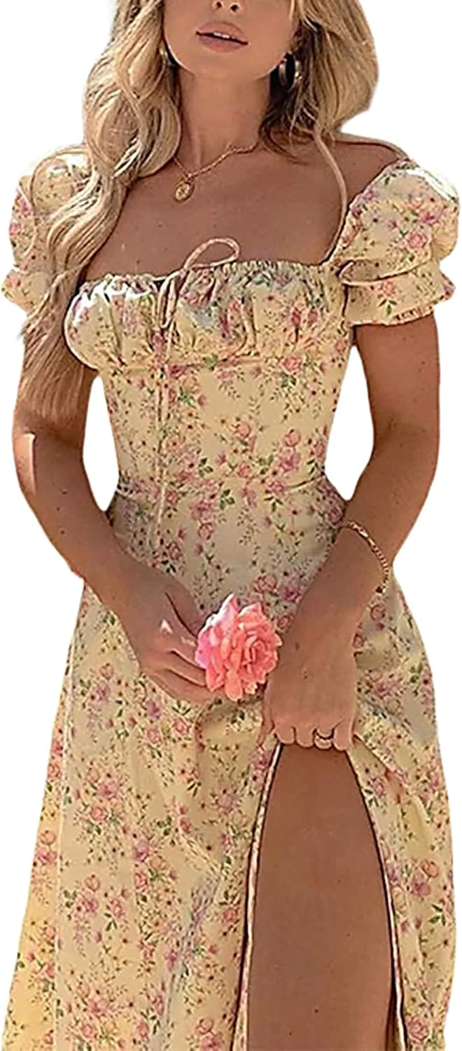 Women's Floral Print Tie Front Dress Square Neck Puff Sleeve Split Thigh Dress Boho Smocked Flowy A Line Long Dress