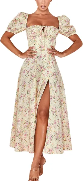 Women's Floral Print Tie Front Dress Square Neck Puff Sleeve Split Thigh Dress Boho Smocked Flowy A Line Long Dress Women's Floral Print Tie Front Dress Square Neck Puff Sleeve Split Thigh Dress Boho Smocked Flowy A Line Long Dress