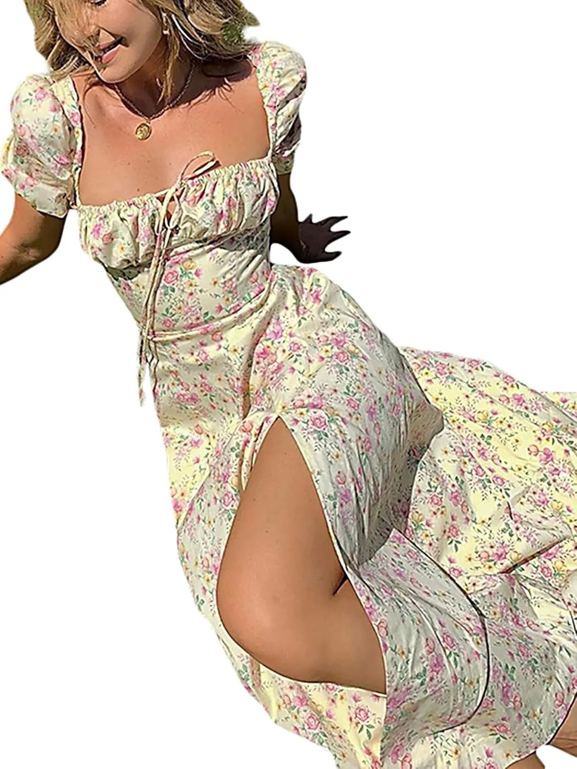 Women's Floral Print Tie Front Dress Square Neck Puff Sleeve Split Thigh Dress Boho Smocked Flowy A Line Long Dress