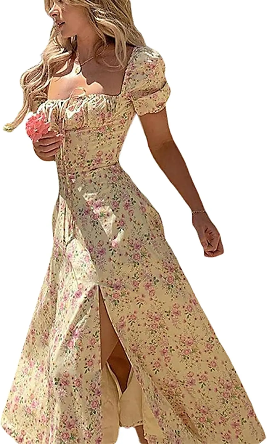 Women's Floral Print Tie Front Dress Square Neck Puff Sleeve Split Thigh Dress Boho Smocked Flowy A Line Long Dress