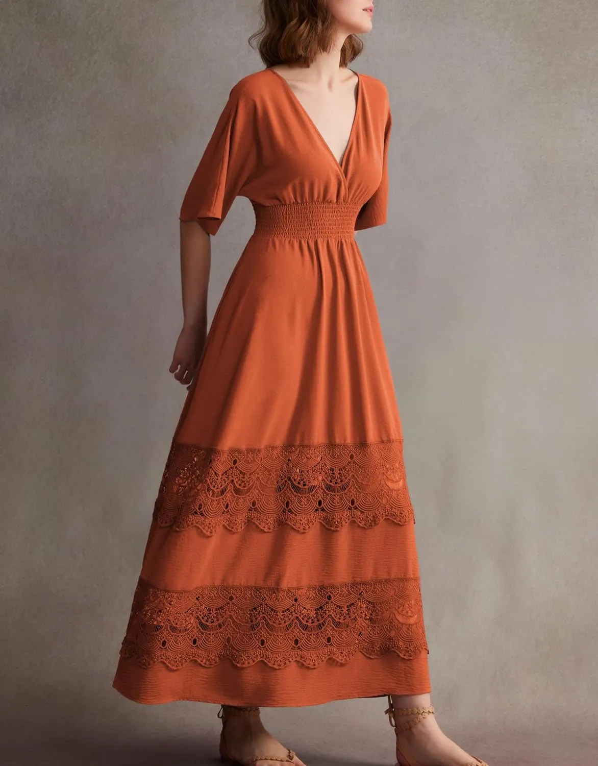 Women's Lace Maxi Dress Short Sleeve V Neck Party Dress Smocked Waist Boho Maxi Dress Bohemian Dress for Women