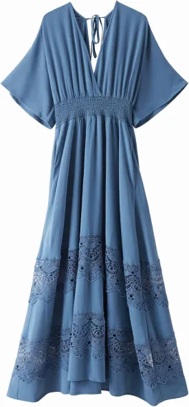 Women's Lace Maxi Dress Short Sleeve V Neck Party Dress Smocked Waist Boho Maxi Dress Bohemian Dress for Women
