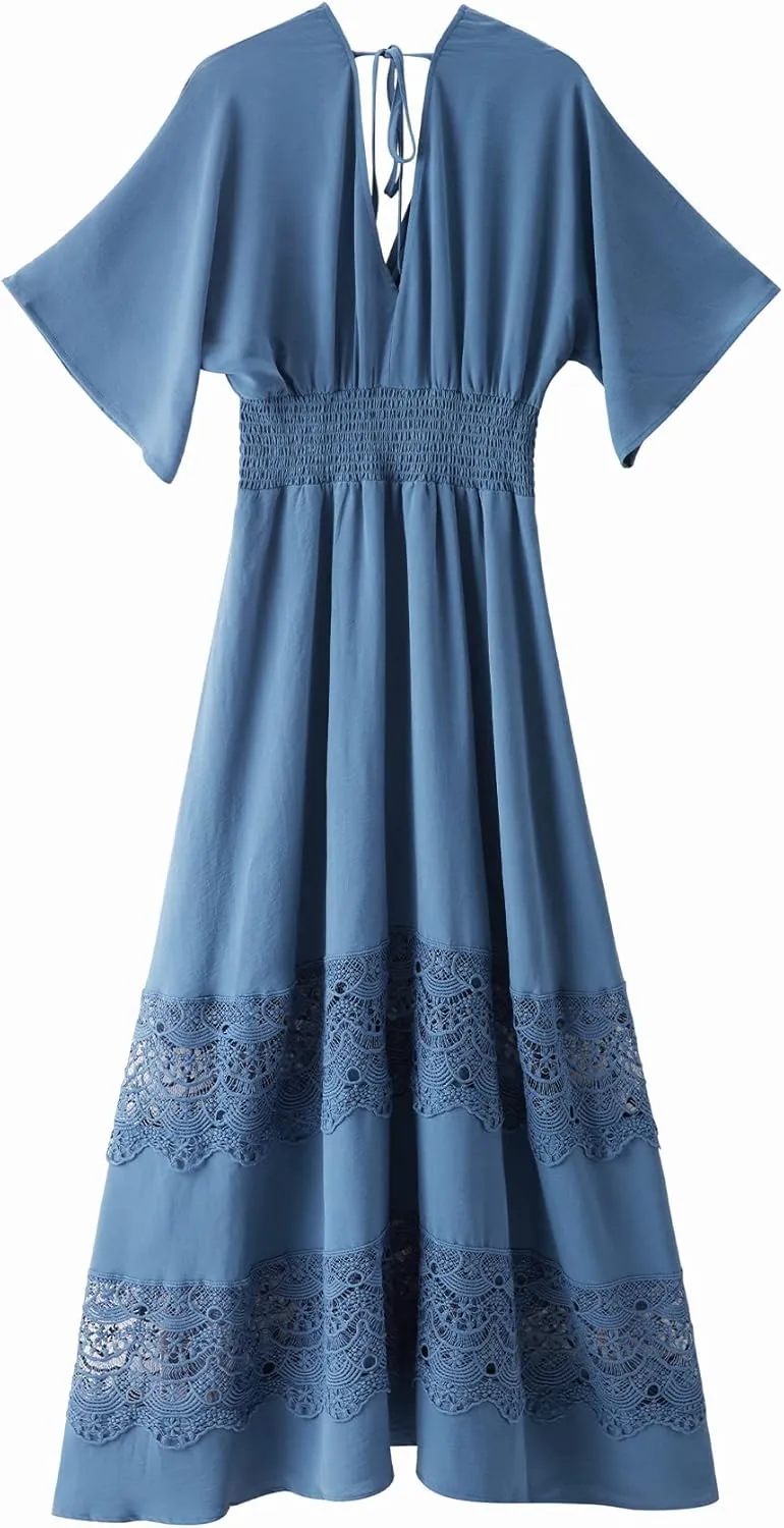 Women's Lace Maxi Dress Short Sleeve V Neck Party Dress Smocked Waist Boho Maxi Dress Bohemian Dress for Women