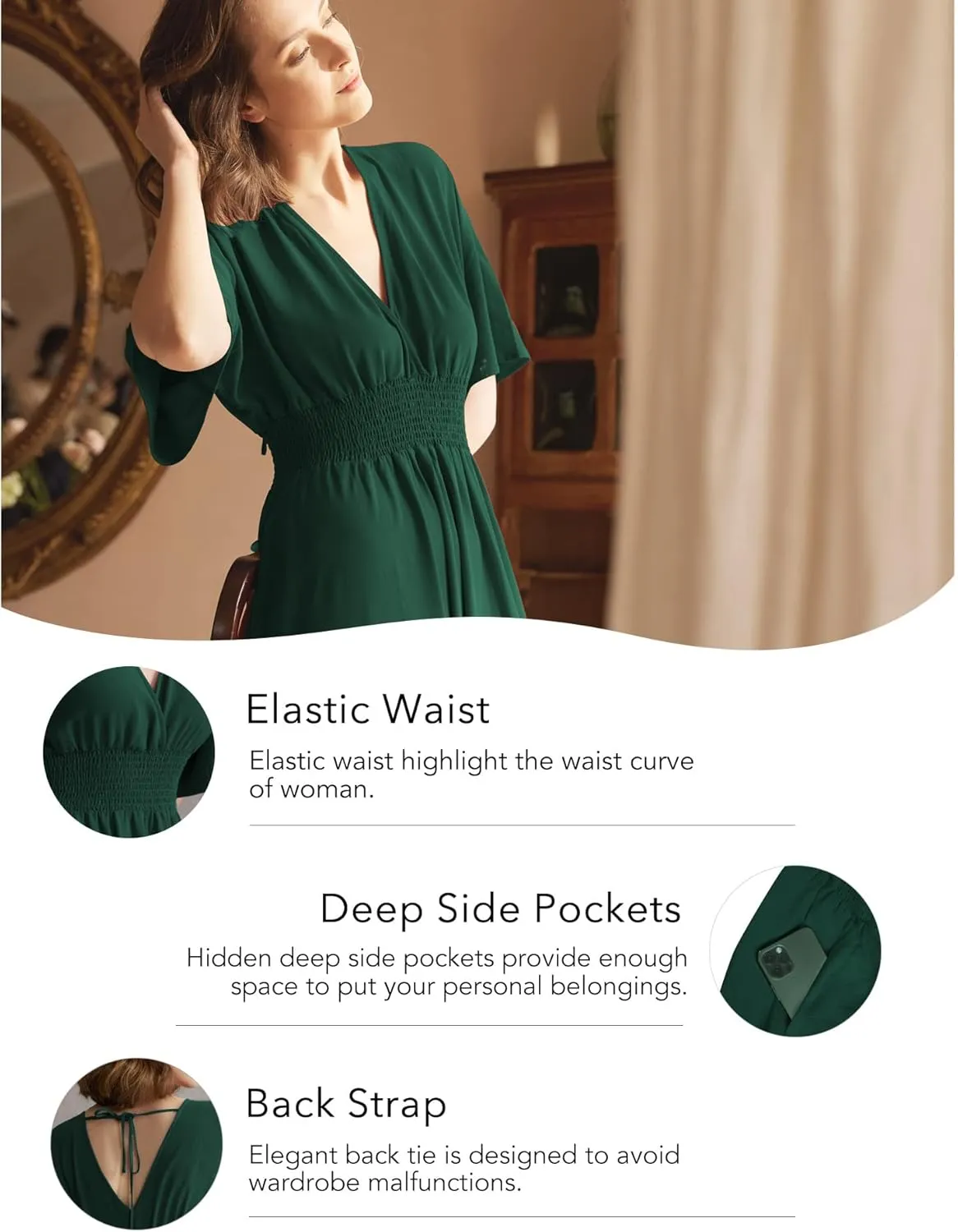 Women's Lace Maxi Dress Short Sleeve V Neck Party Dress Smocked Waist Boho Maxi Dress Bohemian Dress for Women