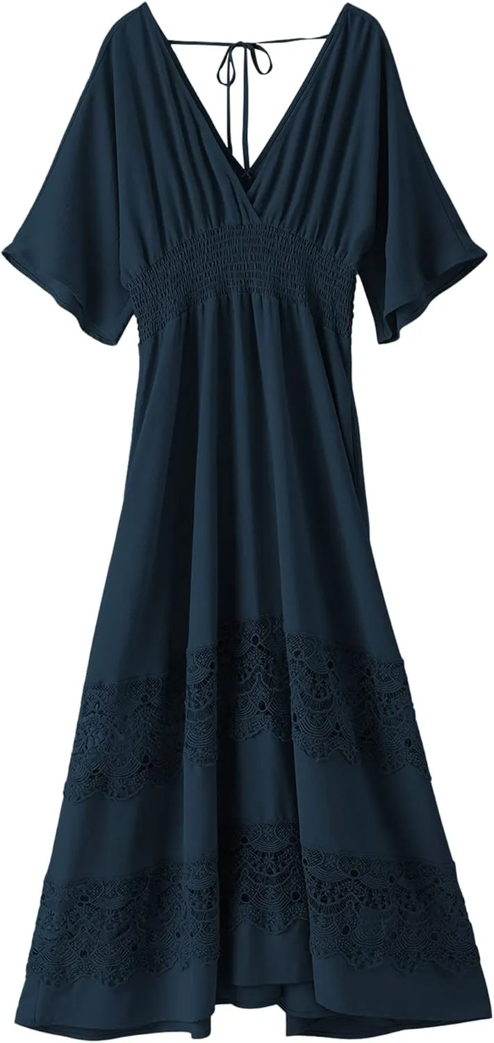 Women's Lace Maxi Dress Short Sleeve V Neck Party Dress Smocked Waist Boho Maxi Dress Bohemian Dress for Women