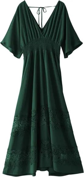 Women's Lace Maxi Dress Short Sleeve V Neck Party Dress Smocked Waist Boho Maxi Dress Bohemian Dress for Women