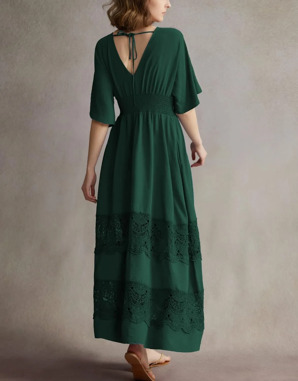 Women's Lace Maxi Dress Short Sleeve V Neck Party Dress Smocked Waist Boho Maxi Dress Bohemian Dress for Women