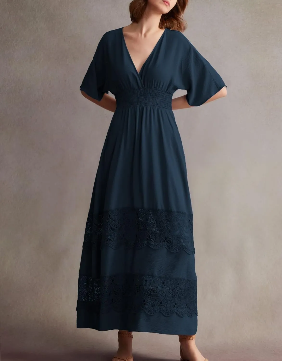 Women's Lace Maxi Dress Short Sleeve V Neck Party Dress Smocked Waist Boho Maxi Dress Bohemian Dress for Women