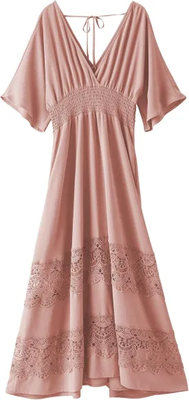 Women's Lace Maxi Dress Short Sleeve V Neck Party Dress Smocked Waist Boho Maxi Dress Bohemian Dress for Women