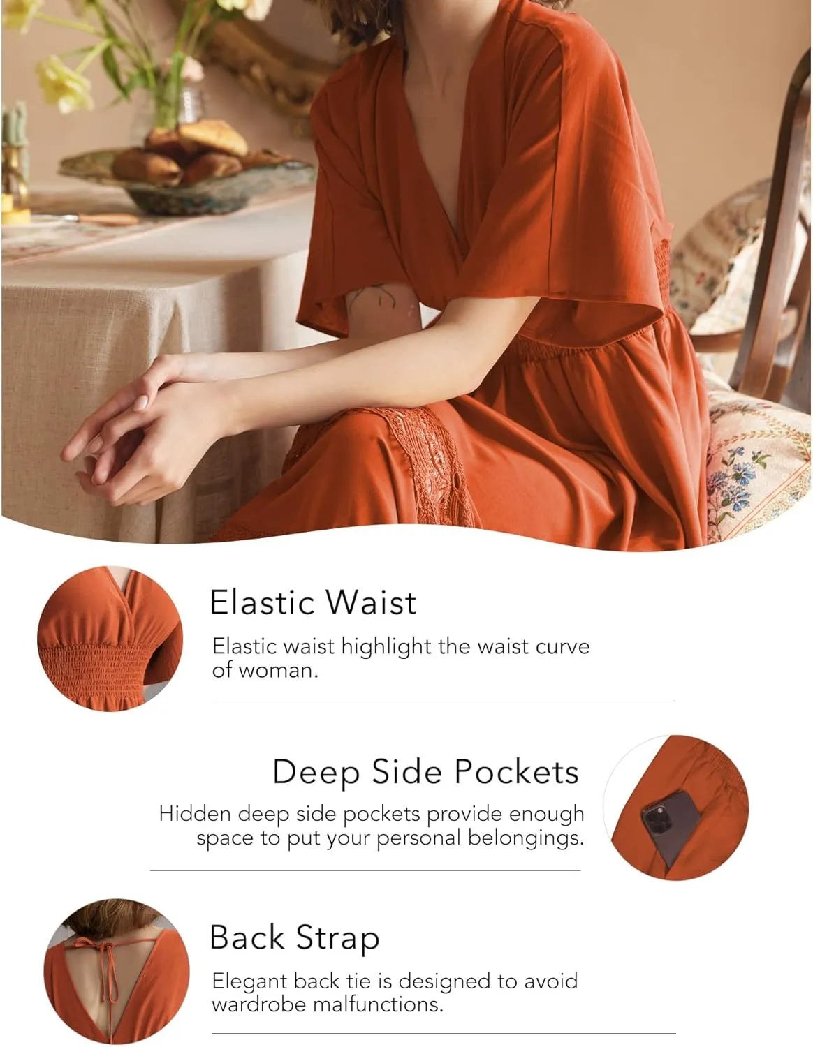 Women's Lace Maxi Dress Short Sleeve V Neck Party Dress Smocked Waist Boho Maxi Dress Bohemian Dress for Women