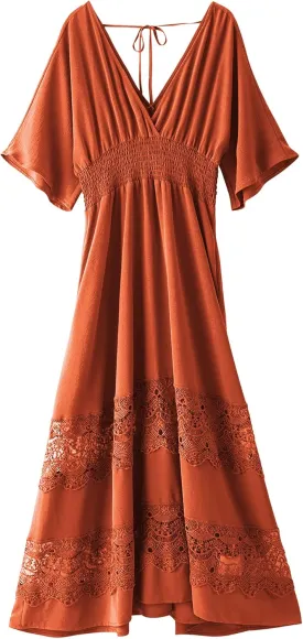 Women's Lace Maxi Dress Short Sleeve V Neck Party Dress Smocked Waist Boho Maxi Dress Bohemian Dress for Women