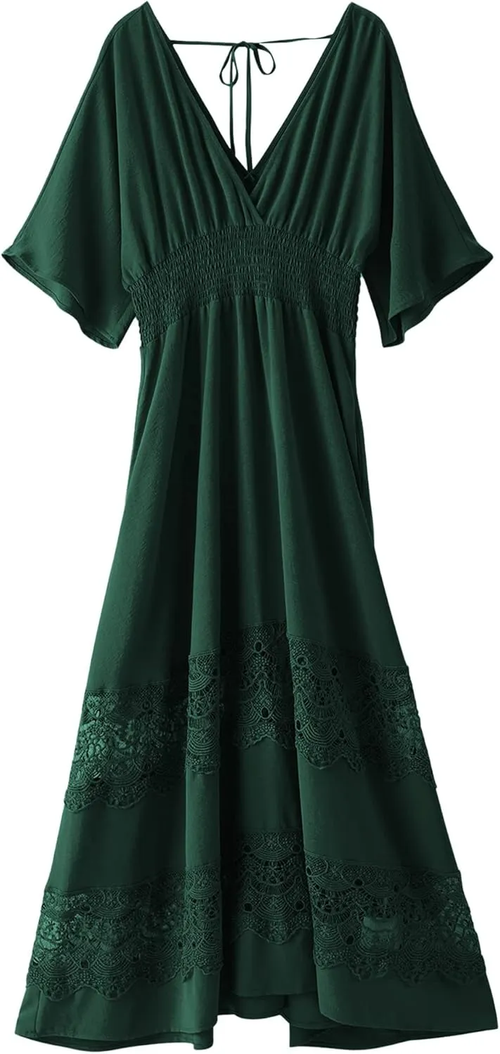 Women's Lace Maxi Dress Short Sleeve V Neck Party Dress Smocked Waist Boho Maxi Dress Bohemian Dress for Women