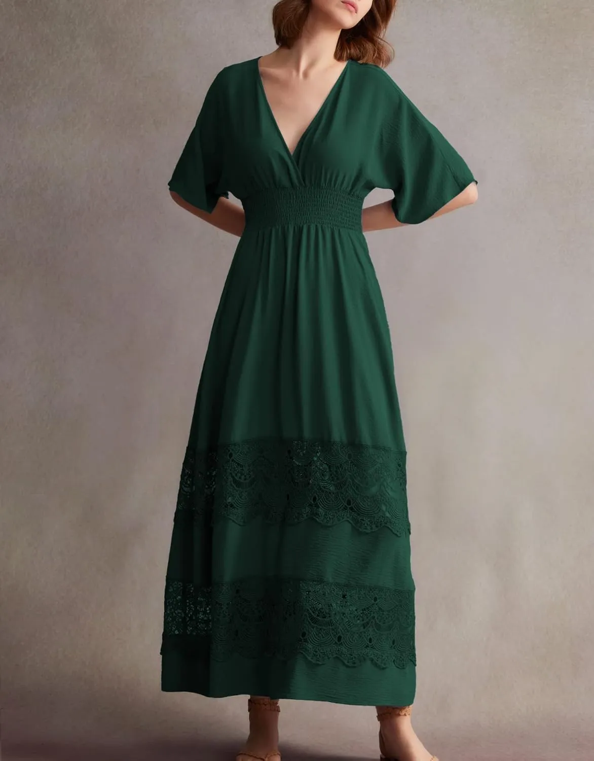 Women's Lace Maxi Dress Short Sleeve V Neck Party Dress Smocked Waist Boho Maxi Dress Bohemian Dress for Women