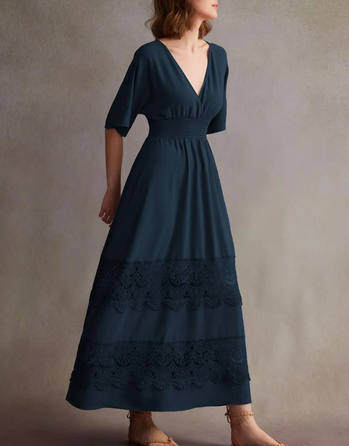 Women's Lace Maxi Dress Short Sleeve V Neck Party Dress Smocked Waist Boho Maxi Dress Bohemian Dress for Women