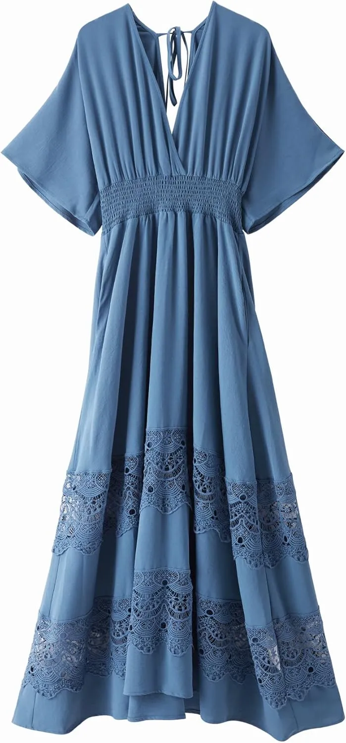 Women's Lace Maxi Dress Short Sleeve V Neck Party Dress Smocked Waist Boho Maxi Dress Bohemian Dress for Women