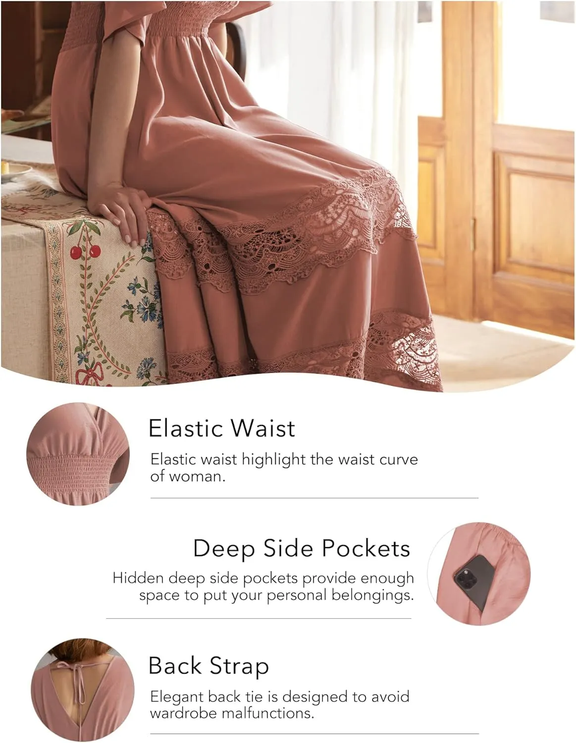 Women's Lace Maxi Dress Short Sleeve V Neck Party Dress Smocked Waist Boho Maxi Dress Bohemian Dress for Women