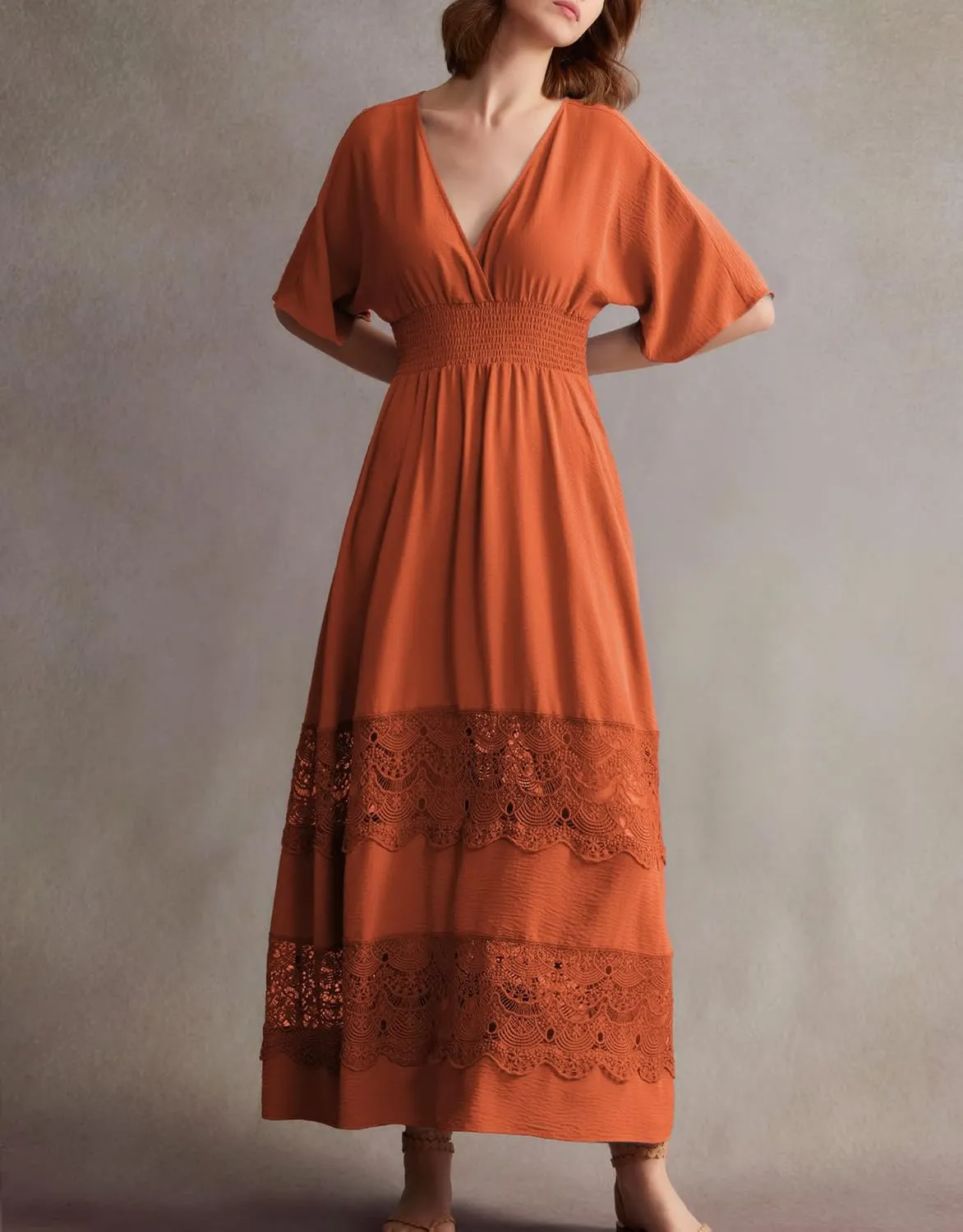 Women's Lace Maxi Dress Short Sleeve V Neck Party Dress Smocked Waist Boho Maxi Dress Bohemian Dress for Women