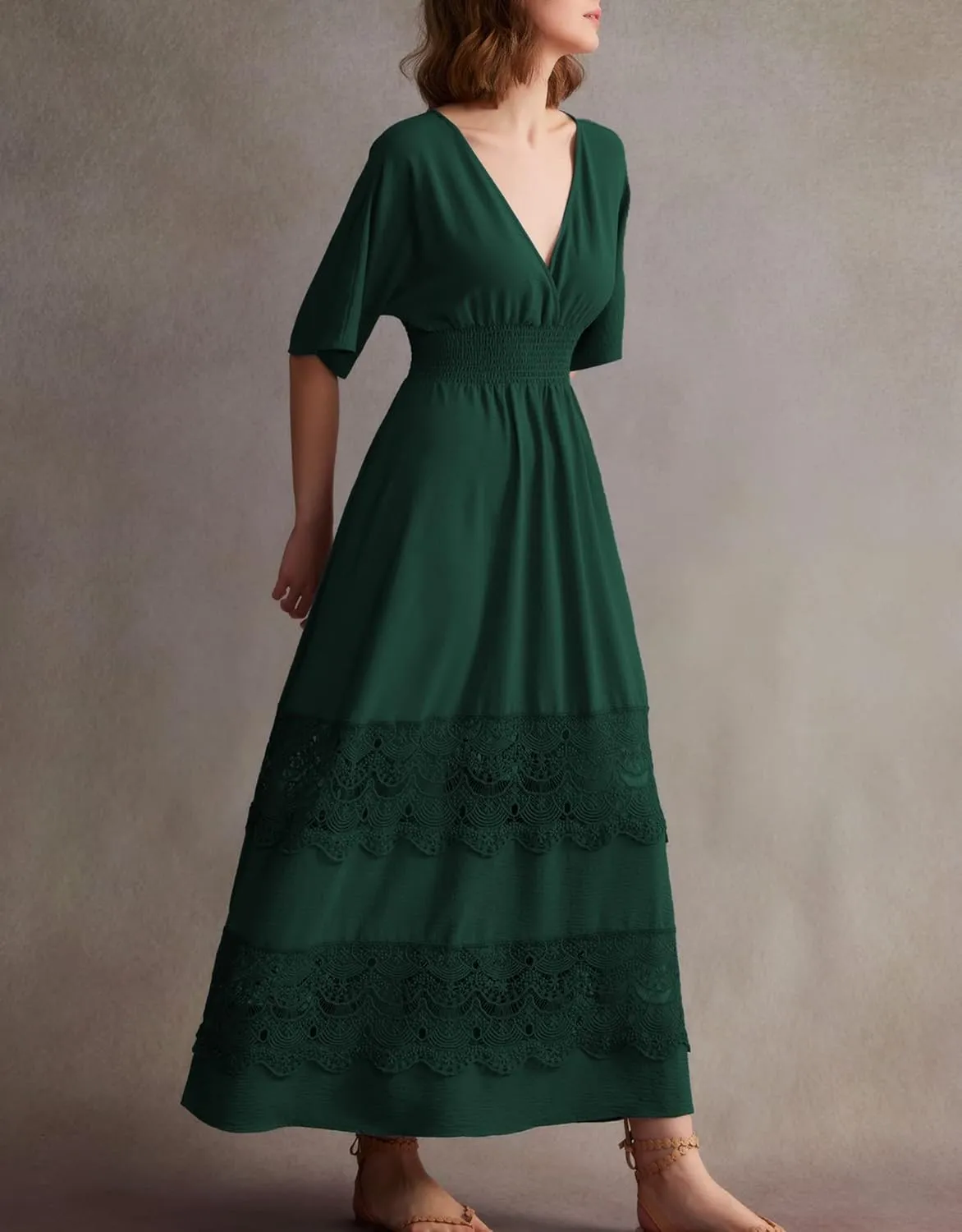 Women's Lace Maxi Dress Short Sleeve V Neck Party Dress Smocked Waist Boho Maxi Dress Bohemian Dress for Women