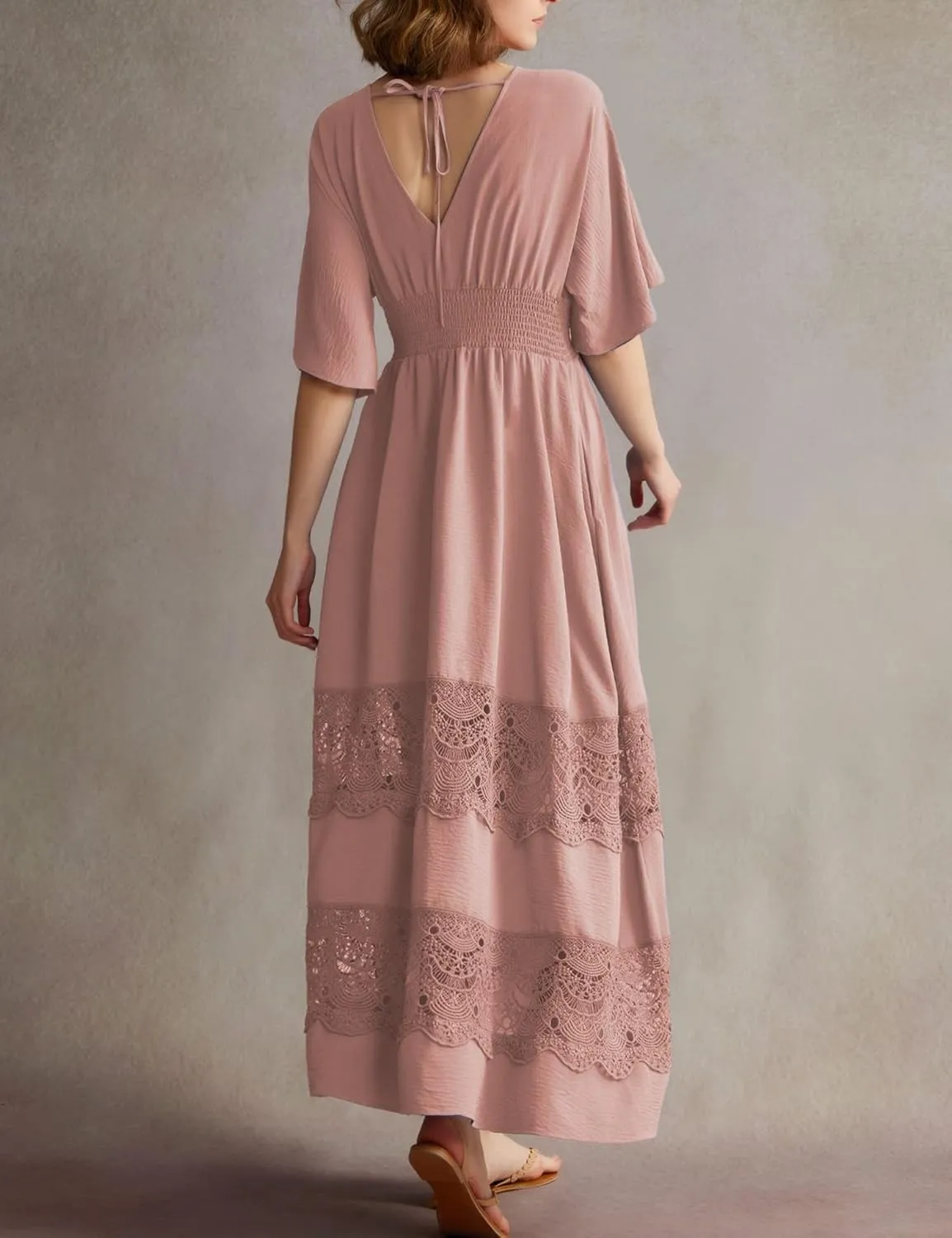 Women's Lace Maxi Dress Short Sleeve V Neck Party Dress Smocked Waist Boho Maxi Dress Bohemian Dress for Women