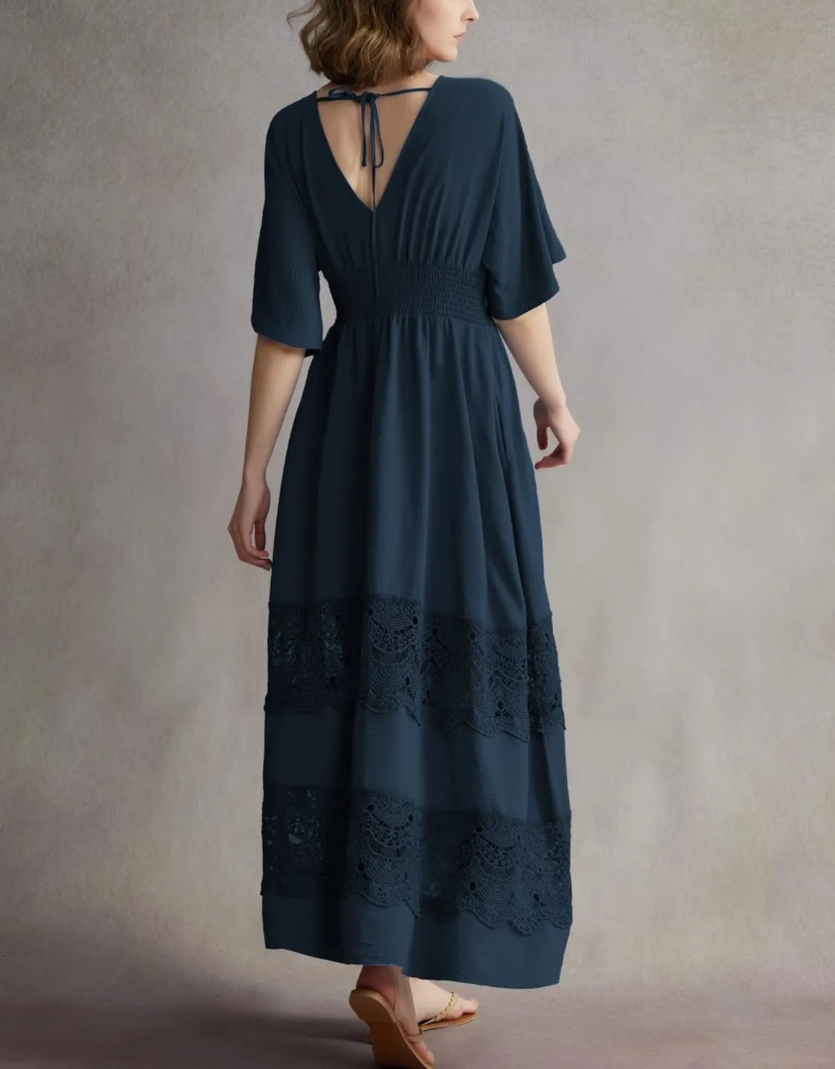Women's Lace Maxi Dress Short Sleeve V Neck Party Dress Smocked Waist Boho Maxi Dress Bohemian Dress for Women