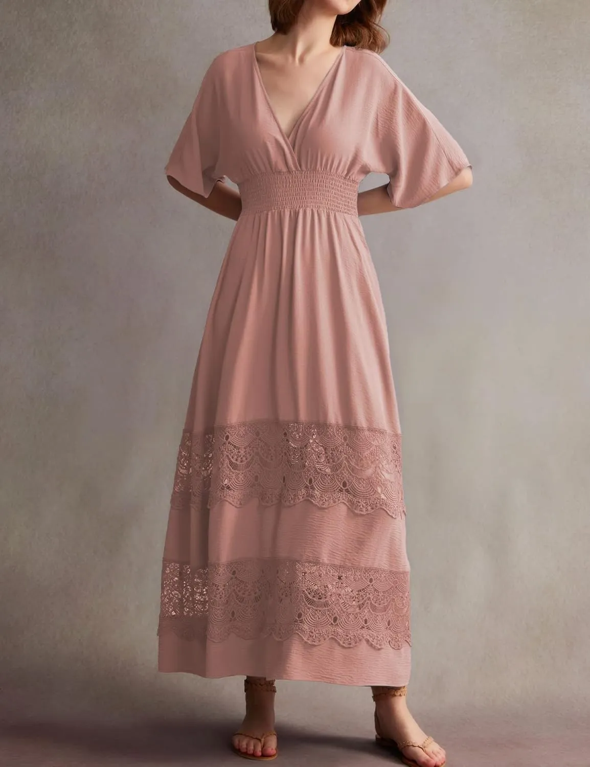 Women's Lace Maxi Dress Short Sleeve V Neck Party Dress Smocked Waist Boho Maxi Dress Bohemian Dress for Women